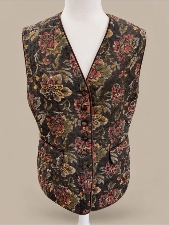 103 Mill Street (made in Ontario) Jackets & Blazers - 🇨🇦 Vintage quilted vest:Floral on Brown w/green, yellow, orange /Velvet Trim
